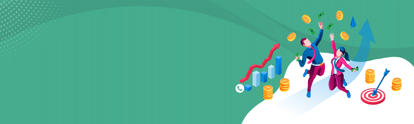 Investment success illustration with people celebrating near growing charts and coins